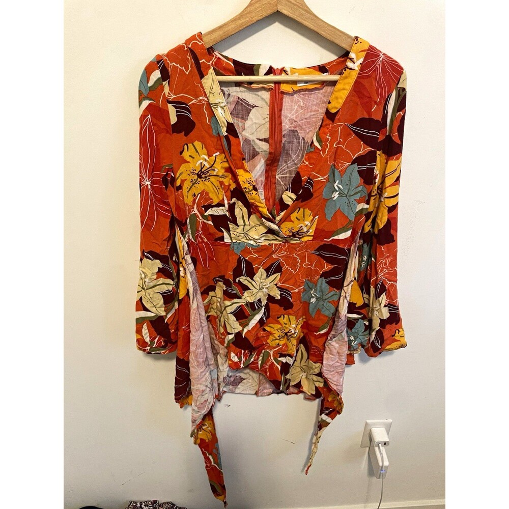 CUPSHE Women’s Orange Floral V-Neck 3/4 Sleeve Pullover Blouse Size M